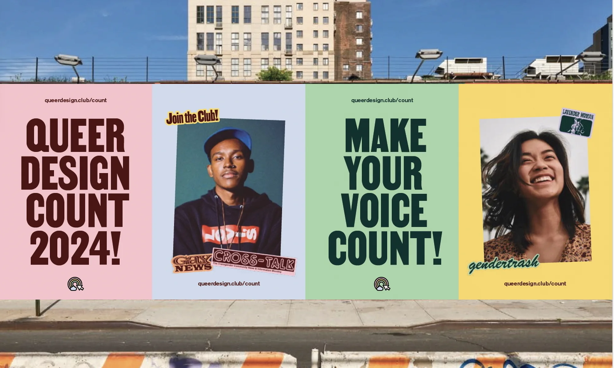 Street-level billboard featuring diverse people, promoting design and community, under blue sky and building backdrop, with sidewalk visible.