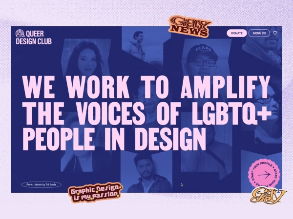 Website design for Queer Design Club with pink text 'We work to amplify the voices of LGBTQ+ people in design', over a blue and white background.