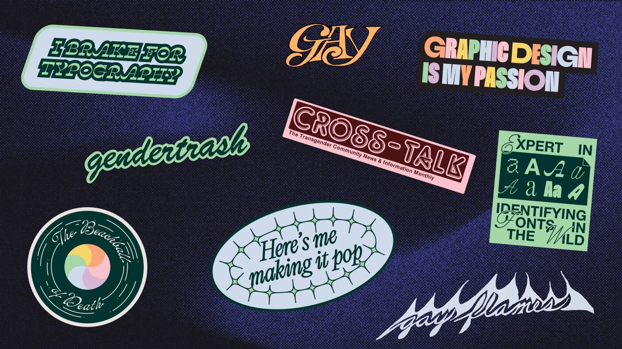 Variety of typography-focused stickers with different colors, shapes, and styles, arranged on a dark blue textured background.