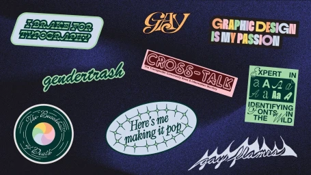 Collection of various colourful typographic stickers arranged on a dark textured background for Queer Design Club brand identity