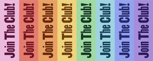 Vertical rainbow-striped brand identity graphic with repeated text reading Join The Club! across eight distinct colour panels.
