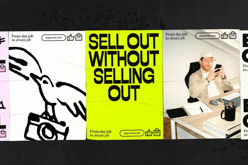 Collage of posters with text "SELL OUT WITHOUT SELLING OUT", illustration of bird on camera, and man at desk using phone.