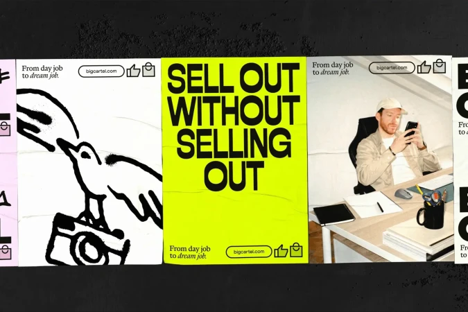 Collage of posters with text "SELL OUT WITHOUT SELLING OUT", illustration of bird on camera, and man at desk using phone.