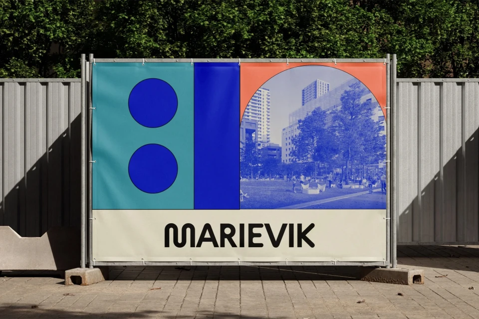 Large banner featuring graphic design and architectural image of Marievik park, standing outdoors on a city street with green trees behind.