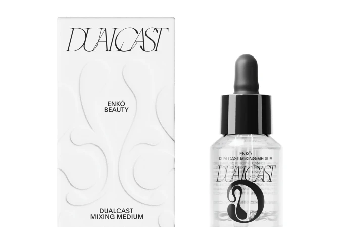 Two bottles of Dualcast mixing medium sit side-by-side against a white background in a product shot highlighting beauty and cosmetics.