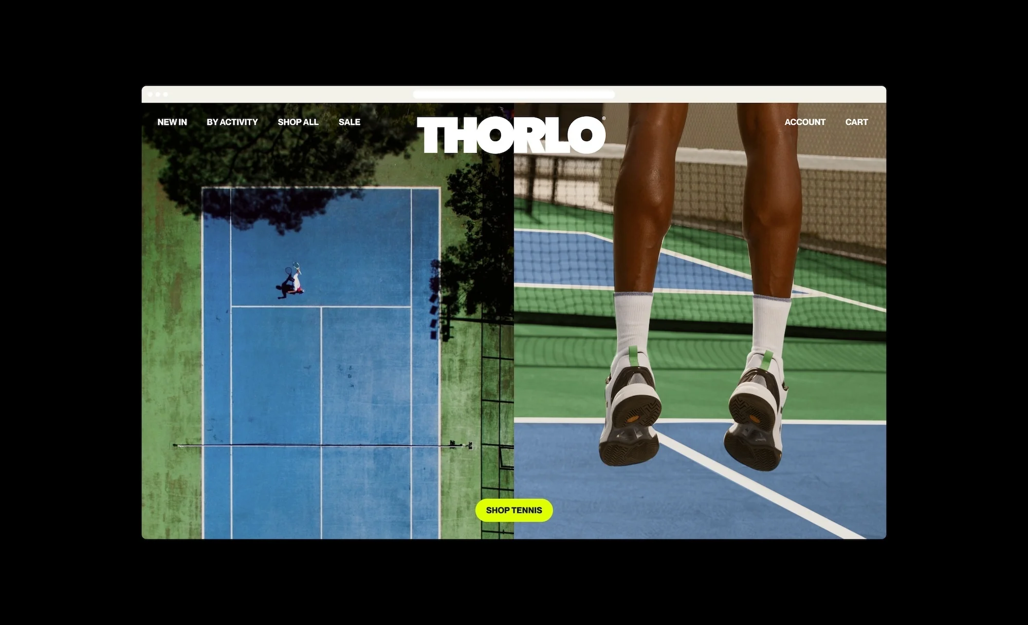 Website split screen featuring an overhead view of a tennis player and another view showing a player's legs on a tennis court.