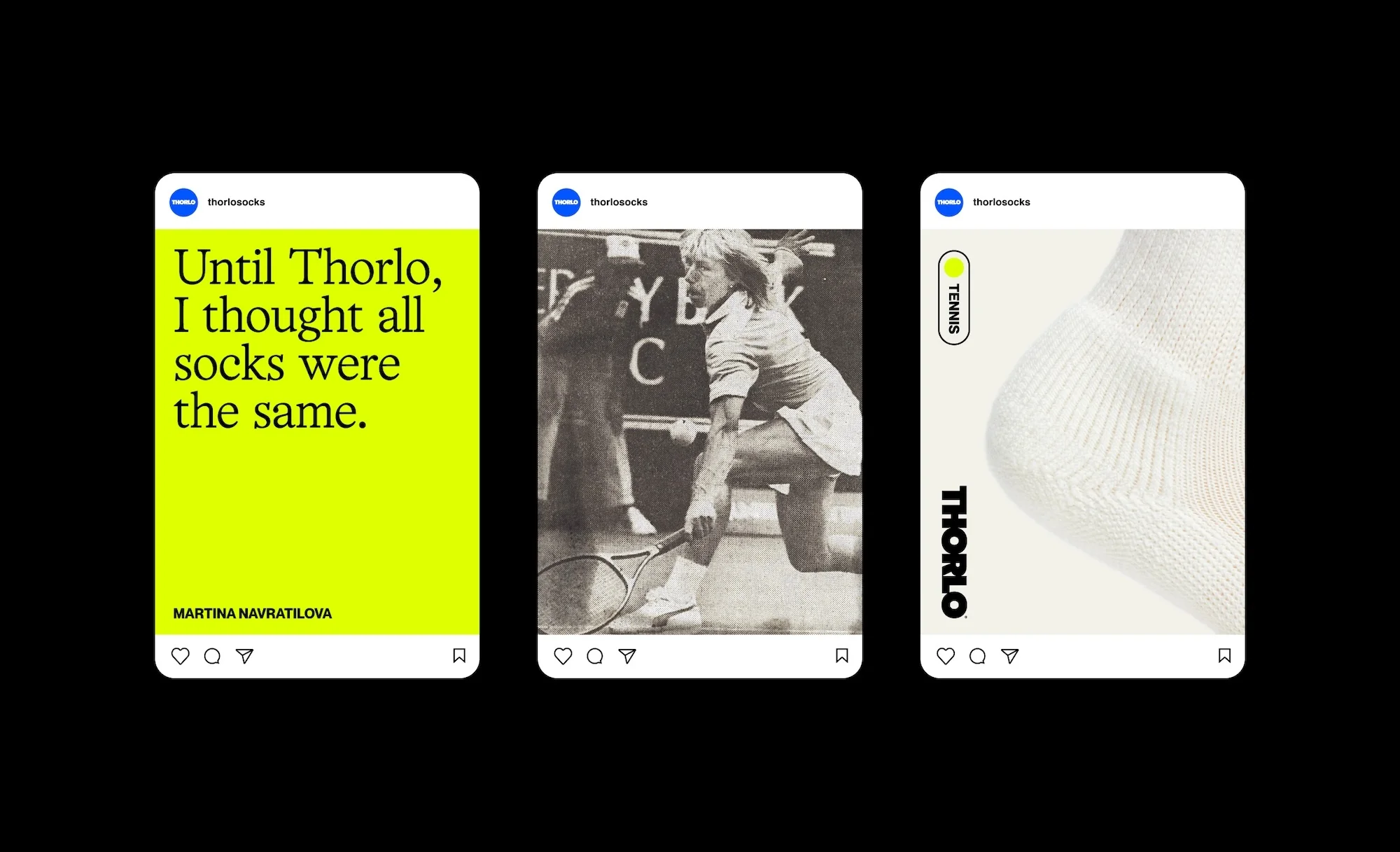 Three Instagram ads for Thorlo socks featuring text about the product, vintage photo of tennis player, and sock close-up.
