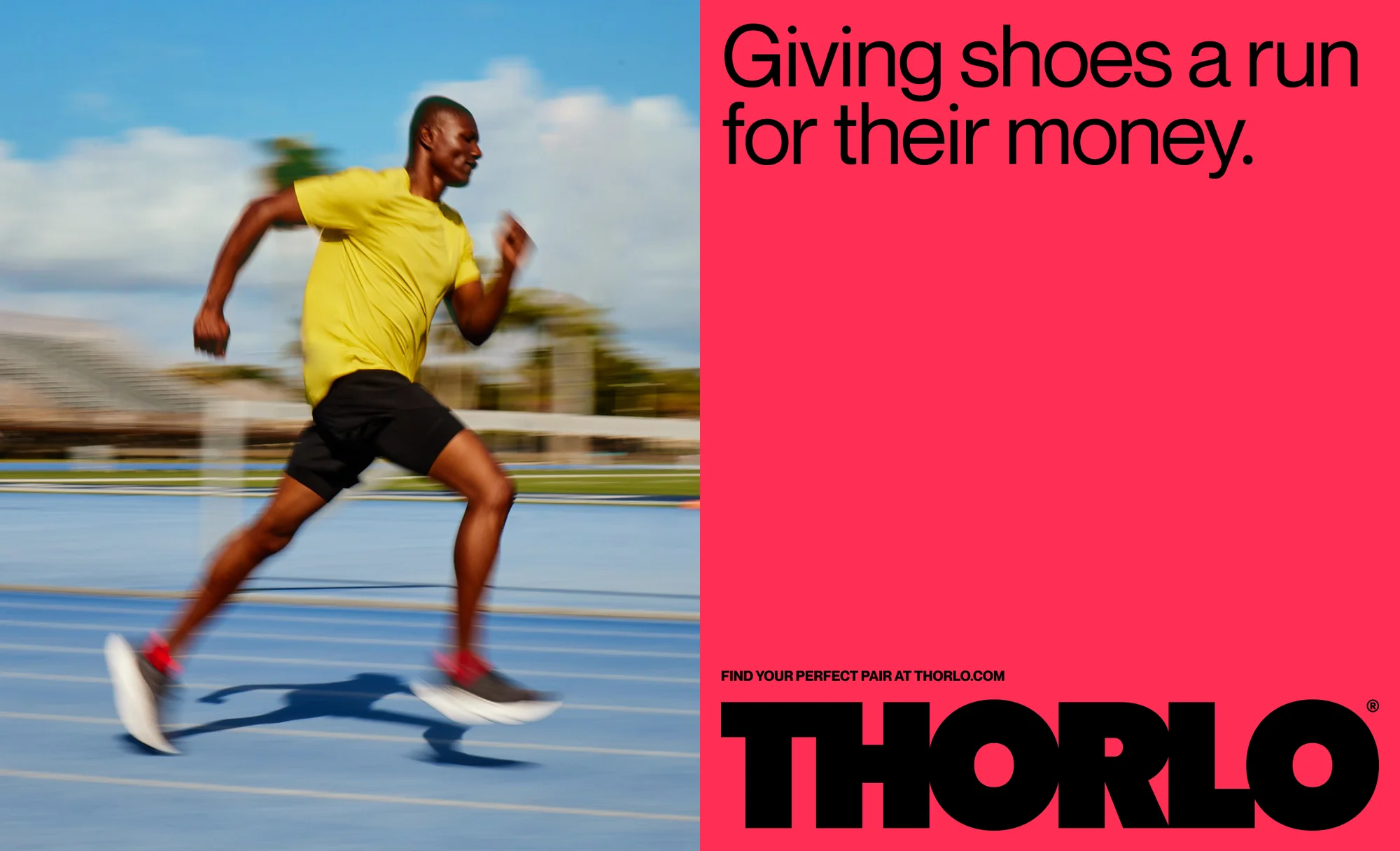 Athletic man running on a blue track in a sports advertisement with text, wearing a yellow t-shirt, shorts, and running shoes.