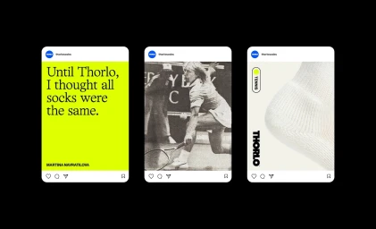 Three social media post mockups for Thorlo featuring typography, a vintage tennis action photo, and a white sock close-up.