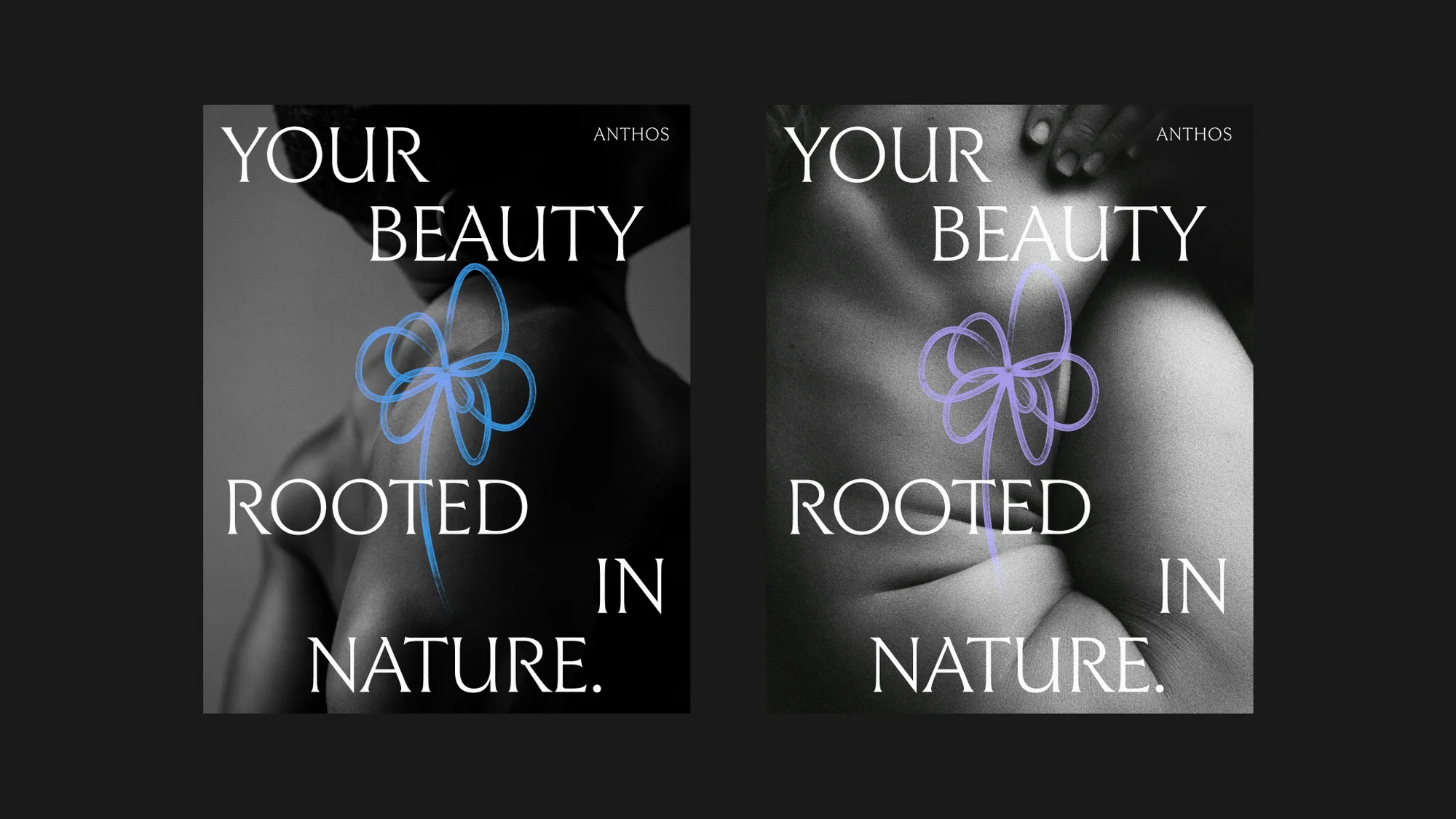Black and white diptych showcasing an adult with a nature-themed illustration, accompanied by text 'Your Beauty Rooted in Nature.'