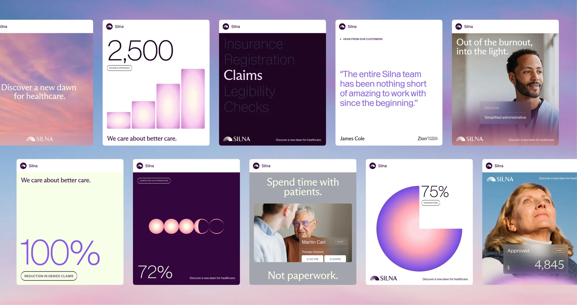 Healthcare service ads featuring text, charts, and photos of people. The ads are on a light gradient background.