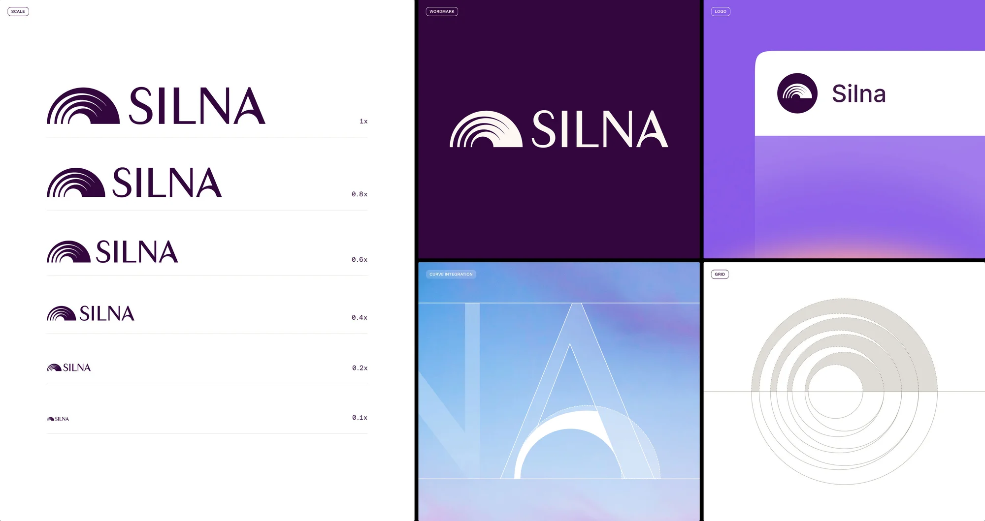 Silna brand design showcase with logo variations, color palettes, and grid system layouts, demonstrating a cohesive visual identity.