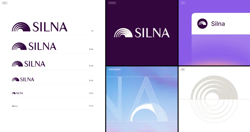 Silna brand design showcase with logo variations, color palettes, and grid system layouts, demonstrating a cohesive visual identity.