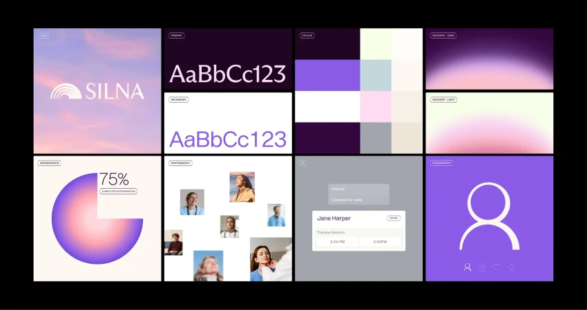 Brand identity board showcasing a logo, typography samples, color palettes, and user interface elements, set against a black backdrop.