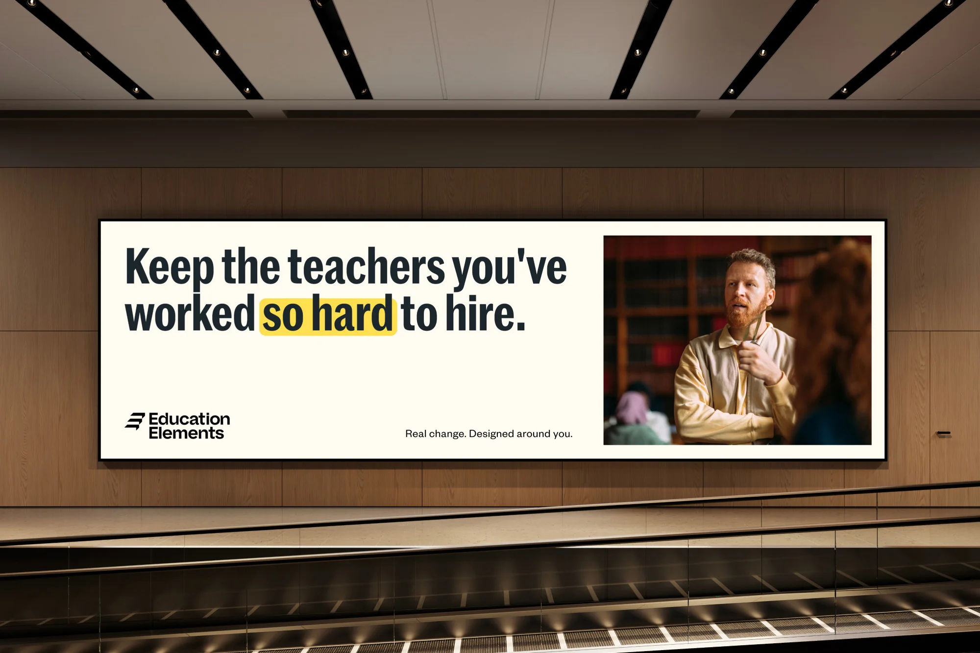 Advertisement in an indoor setting features a teacher and text promoting teacher retention, with 'so hard' highlighted in yellow.