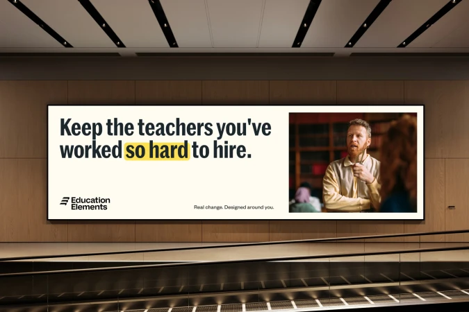 Advertisement in an indoor setting features a teacher and text promoting teacher retention, with 'so hard' highlighted in yellow.