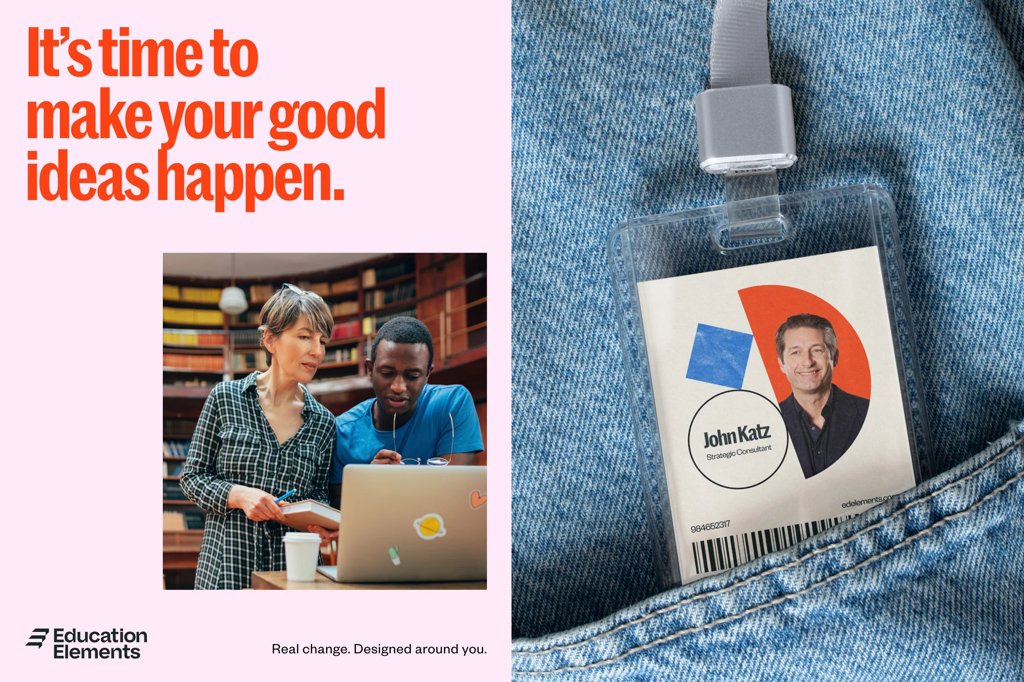 Two educators collaborate over a laptop in a library setting, with a staff ID badge visible in a denim pocket, promoting education.