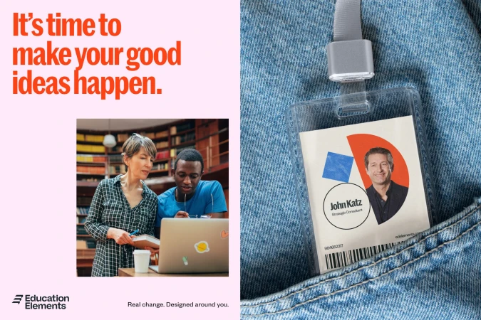 Two educators collaborate over a laptop in a library setting, with a staff ID badge visible in a denim pocket, promoting education.