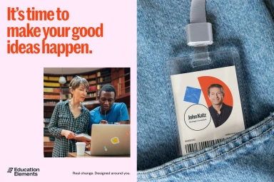 Graphic layout with bold orange typography, a library inset photo, and an ID badge clipped to blue denim fabric.