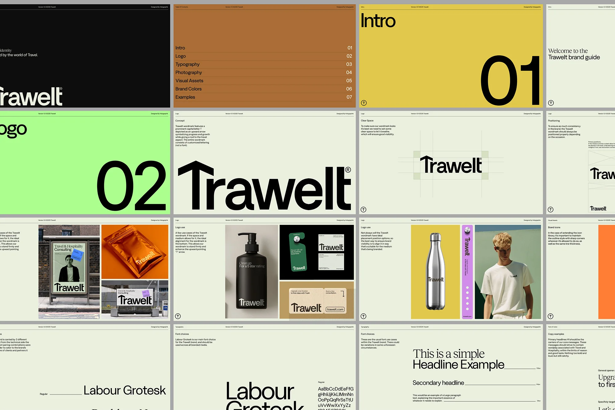 Brand guide showcasing the 'Trawelt' logo, typography, photography, visual assets, and brand colors, displayed across multiple layouts.