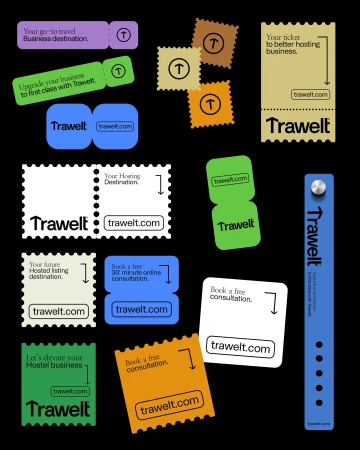 Collection of colorful graphic stickers/advertisements featuring the brand Trawelt, designed for travel and hosting businesses on a black backdrop.