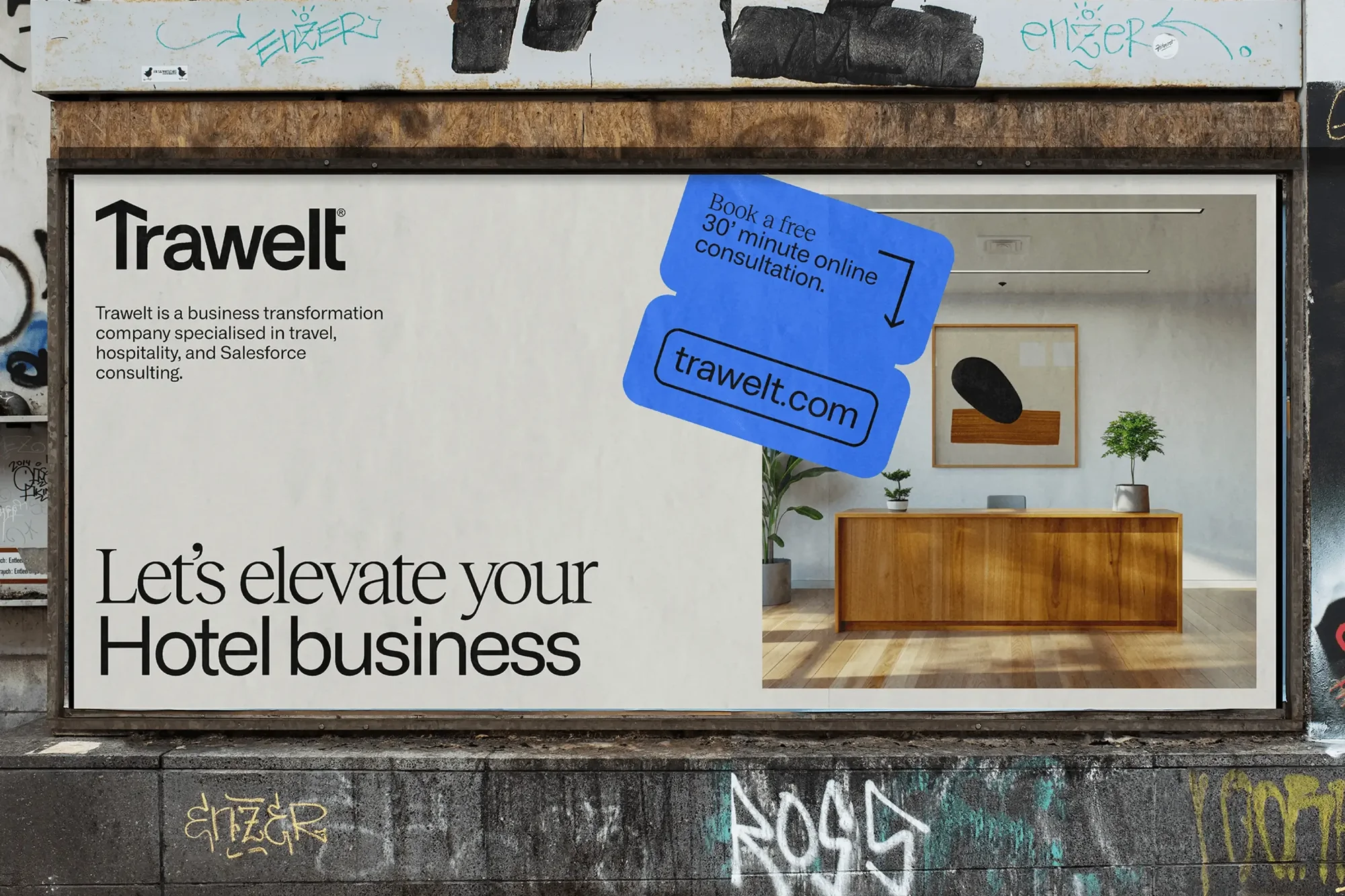Billboard featuring Trawelt, a business transformation company specializing in travel, hospitality, and Salesforce consulting.
