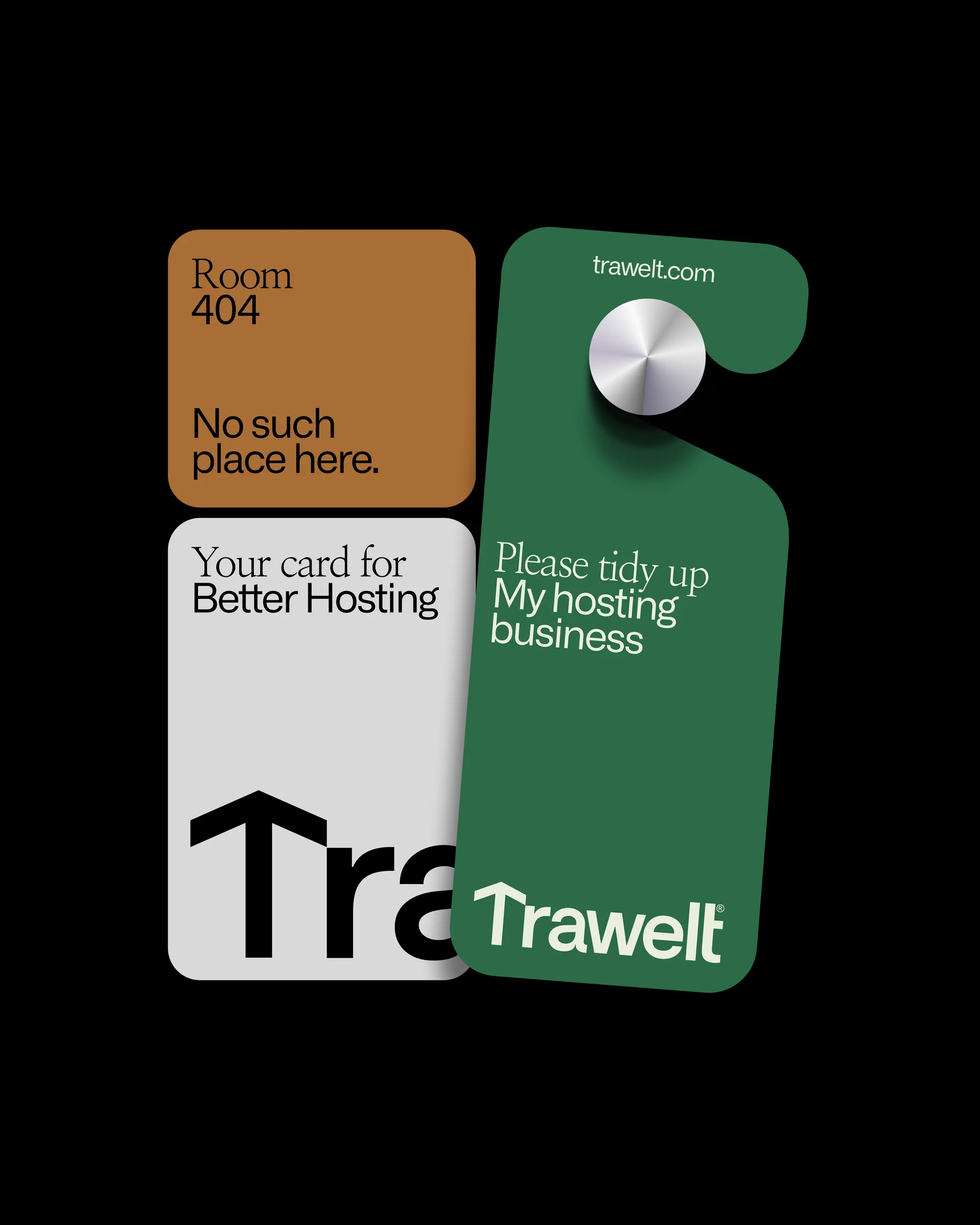 Travel themed graphic with a door hanger and hotel card promoting Trawelt, set against a plain black backdrop in studio lighting.