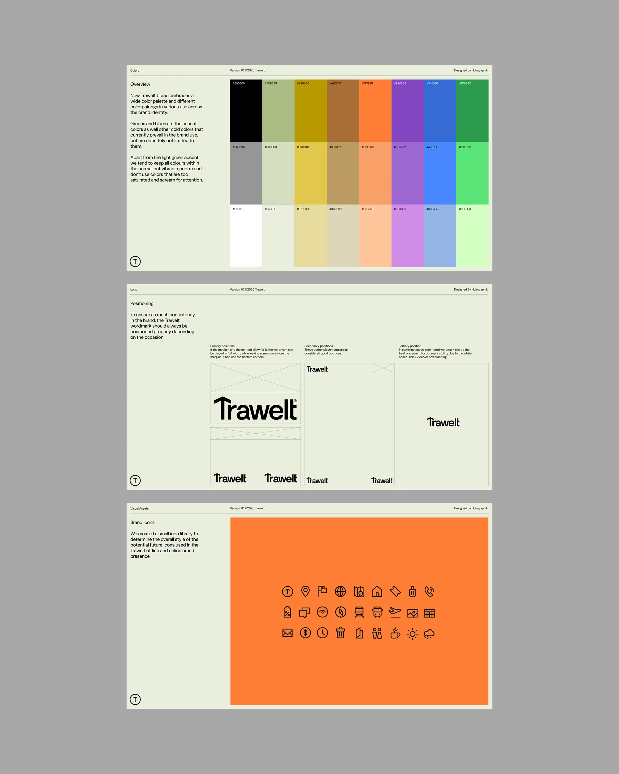 Branding layout with color swatches, typography, and icon designs for 'Trawelt,' featuring a logo and various design elements.
