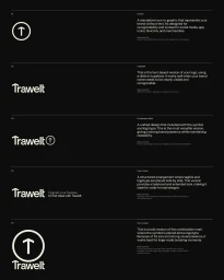Trawelt brand identity presentation showcasing logo variations, symbols, and typographic layouts on a dark background.