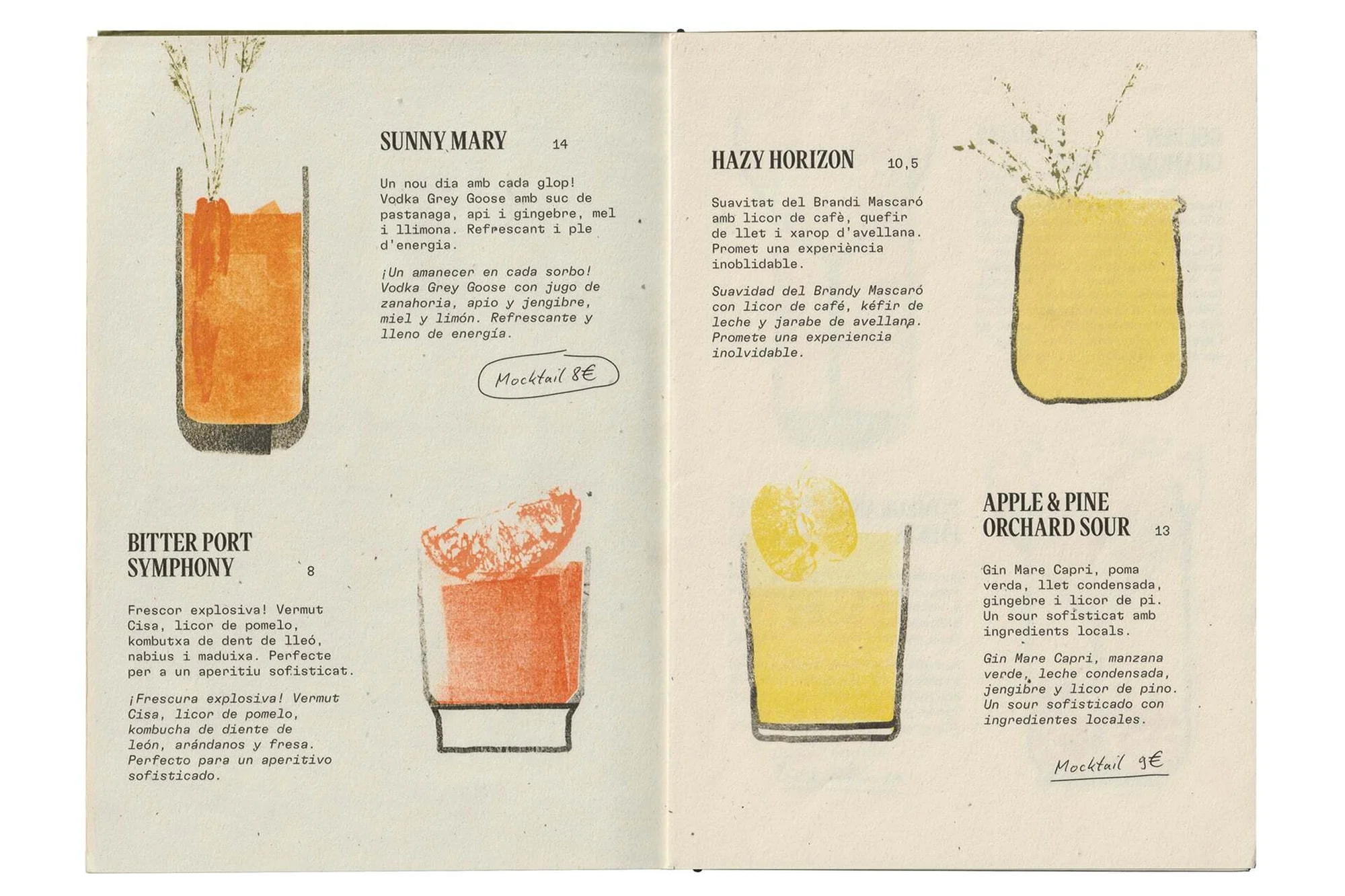 Illustrated menu page showcasing a selection of four vibrant, colorful mocktails: Sunny Mary, Bitter Port Symphony, Hazy Horizon, Apple & Pine.