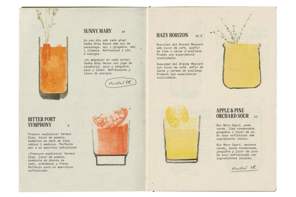 Illustrated menu page showcasing a selection of four vibrant, colorful mocktails: Sunny Mary, Bitter Port Symphony, Hazy Horizon, Apple & Pine.