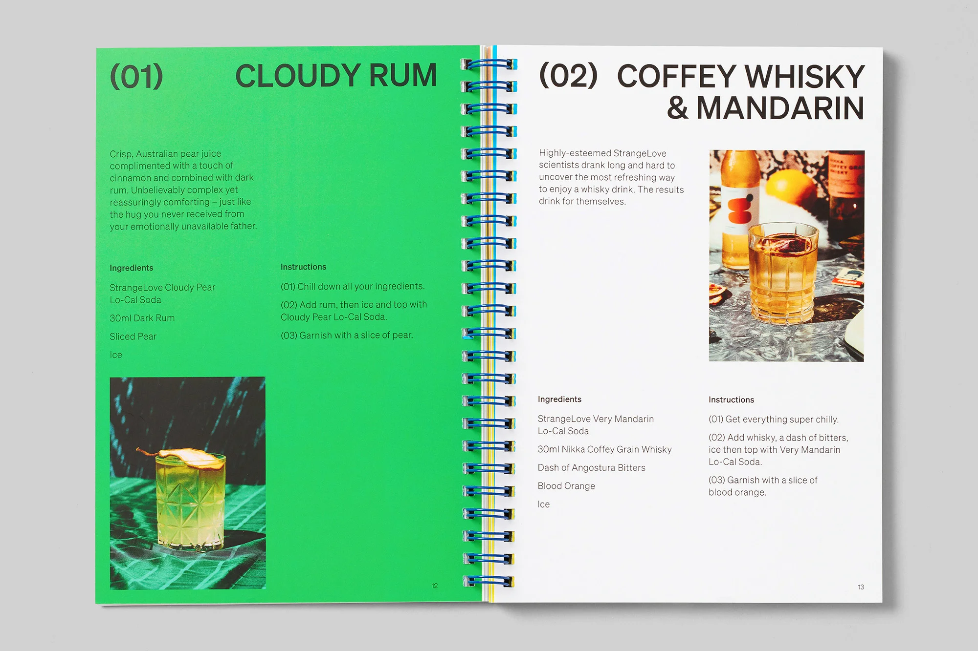 Two cocktail recipes are shown in a ring-bound book with ingredients and instructions, one is rum-based and the other whiskey-based.