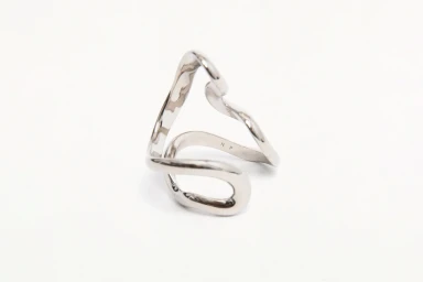 Close-up product photograph of a sculptural silver metal ring against a plain white background for Niccolo Pasqualetti brand identity.