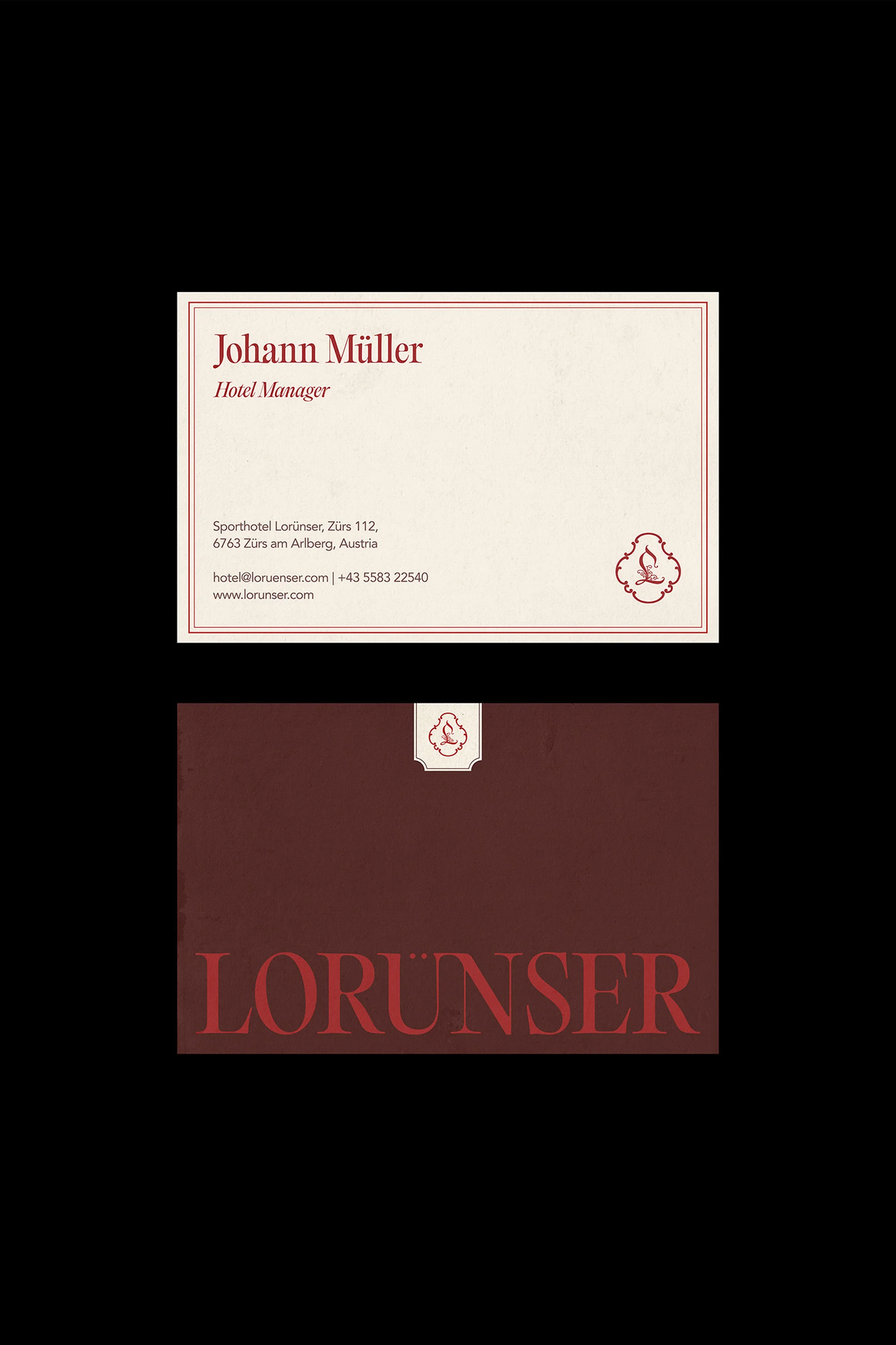 Two business cards showcase elegant designs with maroon fonts and a small logo against a white and maroon background for brand aesthetic.