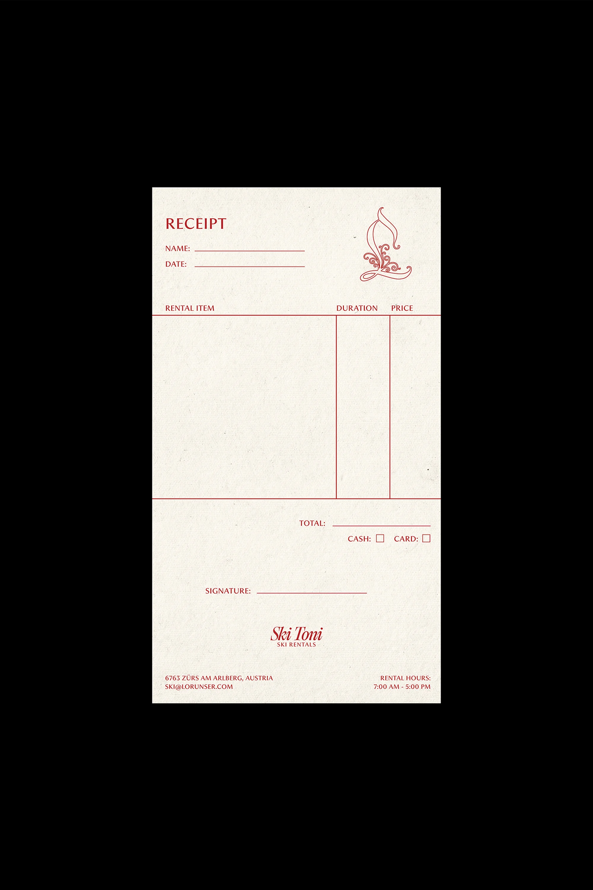 Ski Toni receipt with company logo and rental information fields. Paper receipt with lines for name, date, rental item, and signature.