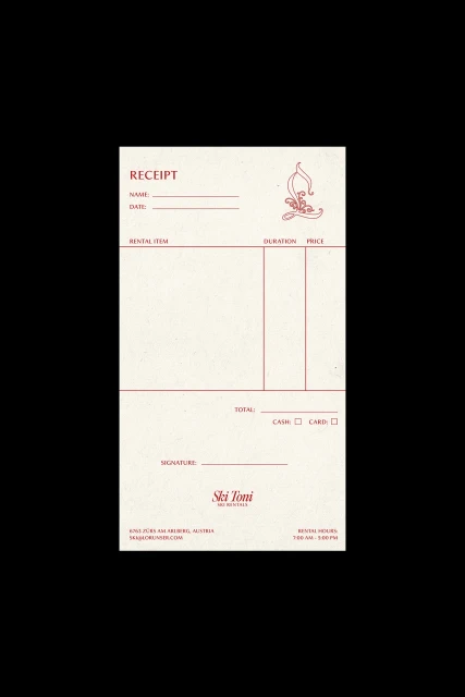 Ski Toni receipt with company logo and rental information fields. Paper receipt with lines for name, date, rental item, and signature.