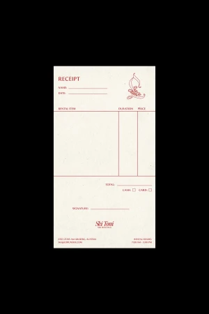 Ski Toni receipt with company logo and rental information fields. Paper receipt with lines for name, date, rental item, and signature.