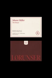 Business card design for Sporthotel Lorunser featuring serif typography and deep red branding against an off-white and dark background.