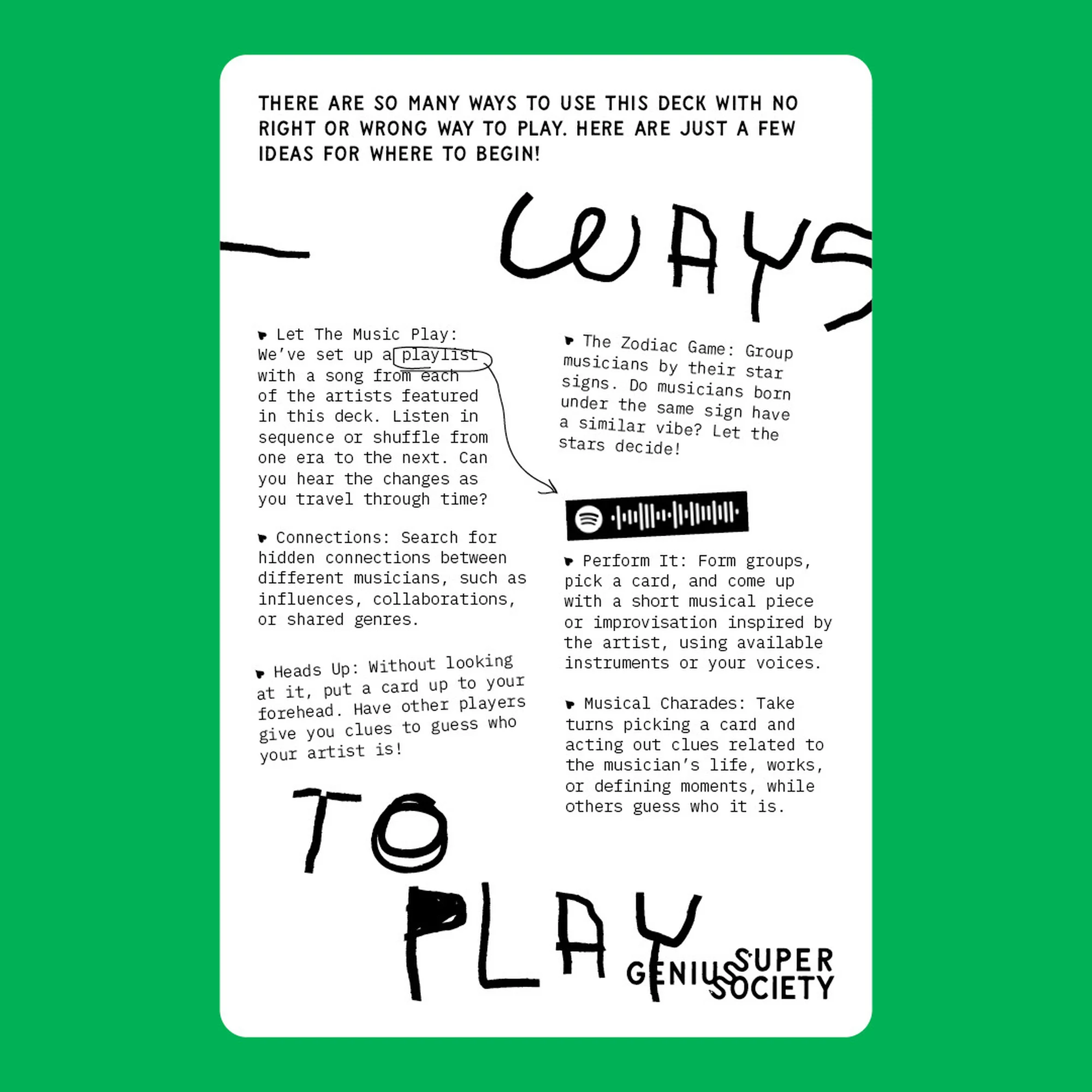 Instruction card offering tips on using a music-themed card game, with the words 'Ways To Play Genius Super Society' displayed.