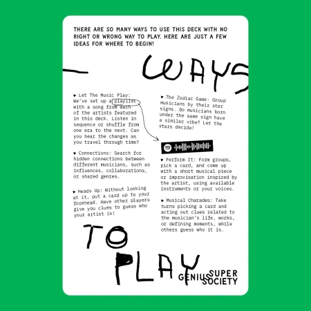 Instruction card offering tips on using a music-themed card game, with the words 'Ways To Play Genius Super Society' displayed.
