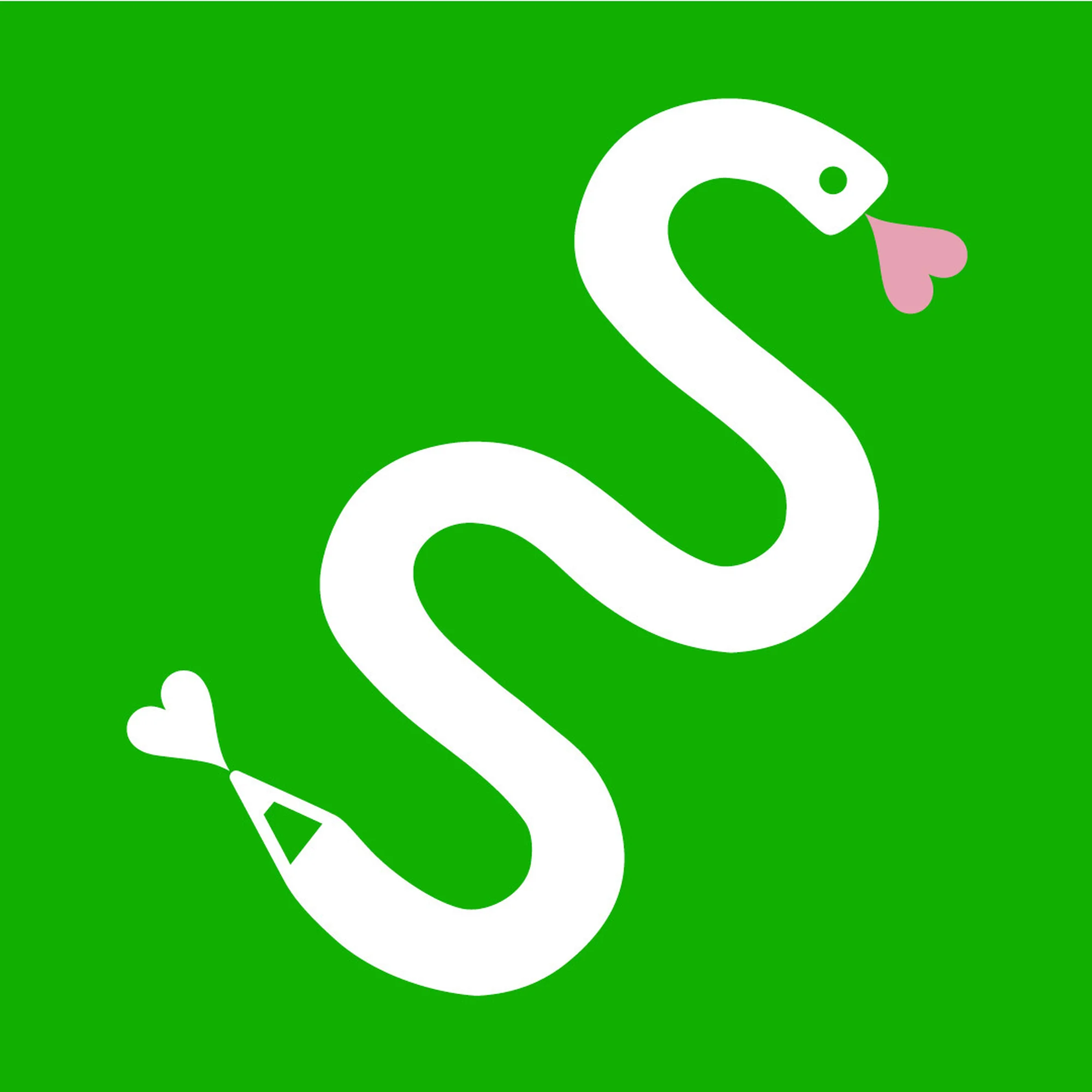 Illustration of a white snake coiled against a vibrant green background, with a pencil point for a tail and a heart-shaped tongue.