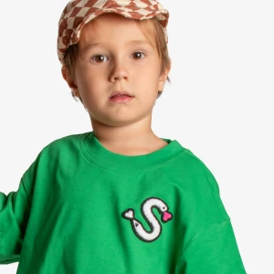 Young child wearing a green long-sleeve t-shirt and checkered cap against a white background