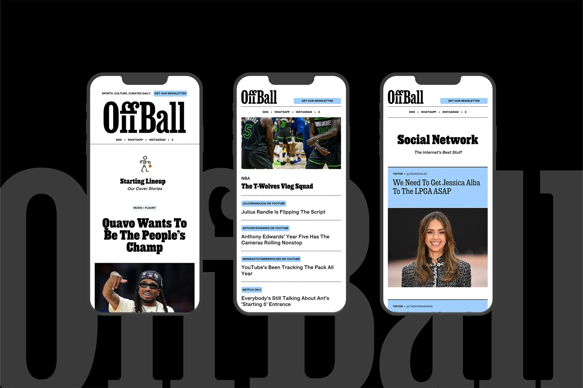 Three phone screens displaying articles from OffBall website, featuring athlete images and headlines, on a black background.