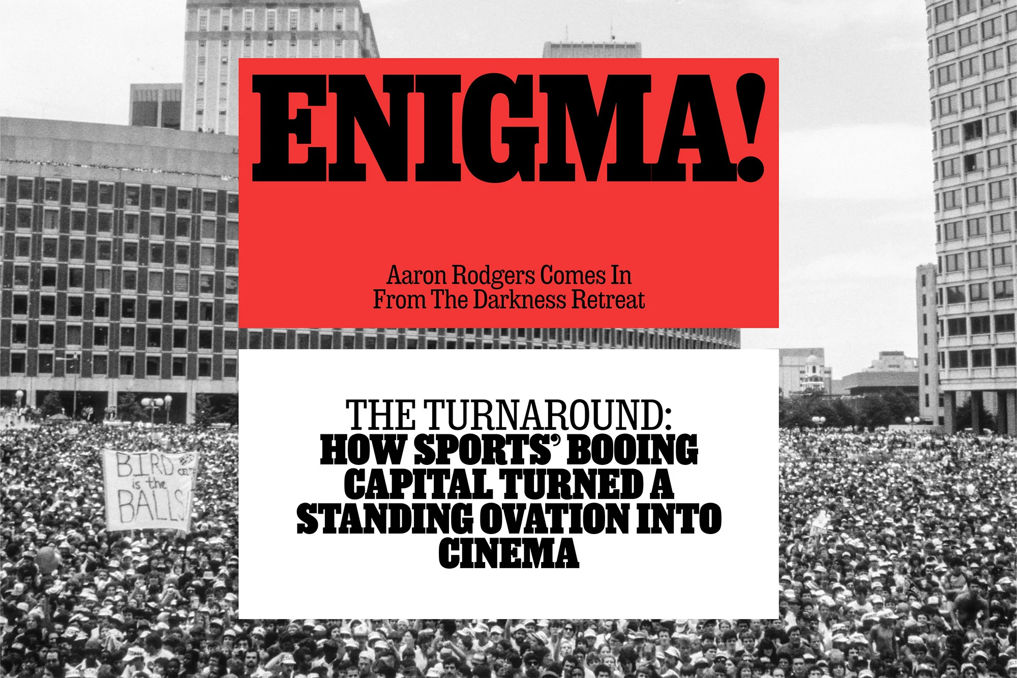 Large crowd scene with cityscape and overlayed text banners, creating a visually dynamic composition. Predominant black and white tones.