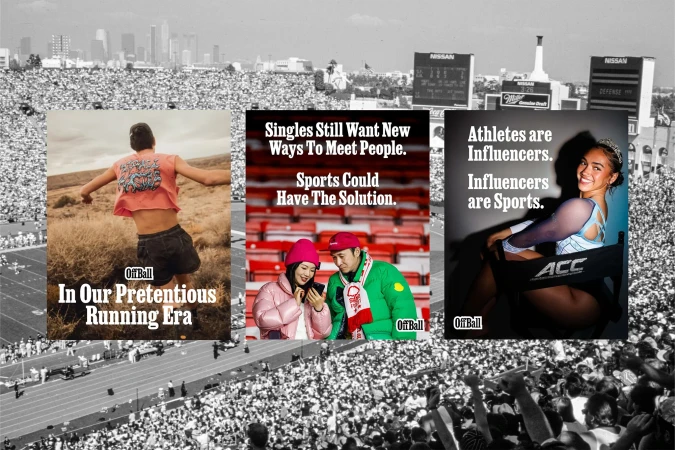 Three OffBall ads in one frame: runner in desert, couple with phone in stadium, and athlete sitting in chair. Stadium BG.