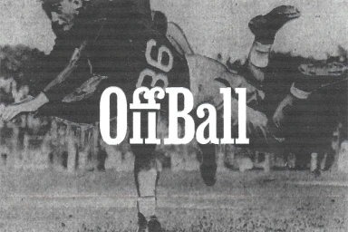 Black and white printed image of athletes tackling in a game with bold white OffBall text overlaid.
