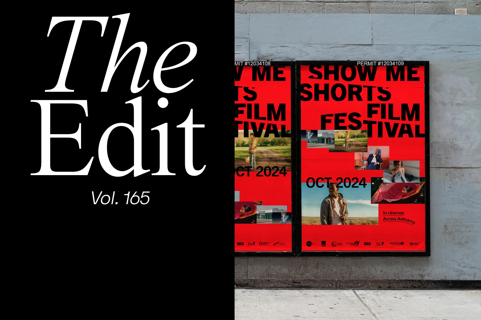 Two red posters advertising 'Show Me Shorts Film Festival' for October 2024 on a concrete wall with 'The Edit Vol. 165' in white text.