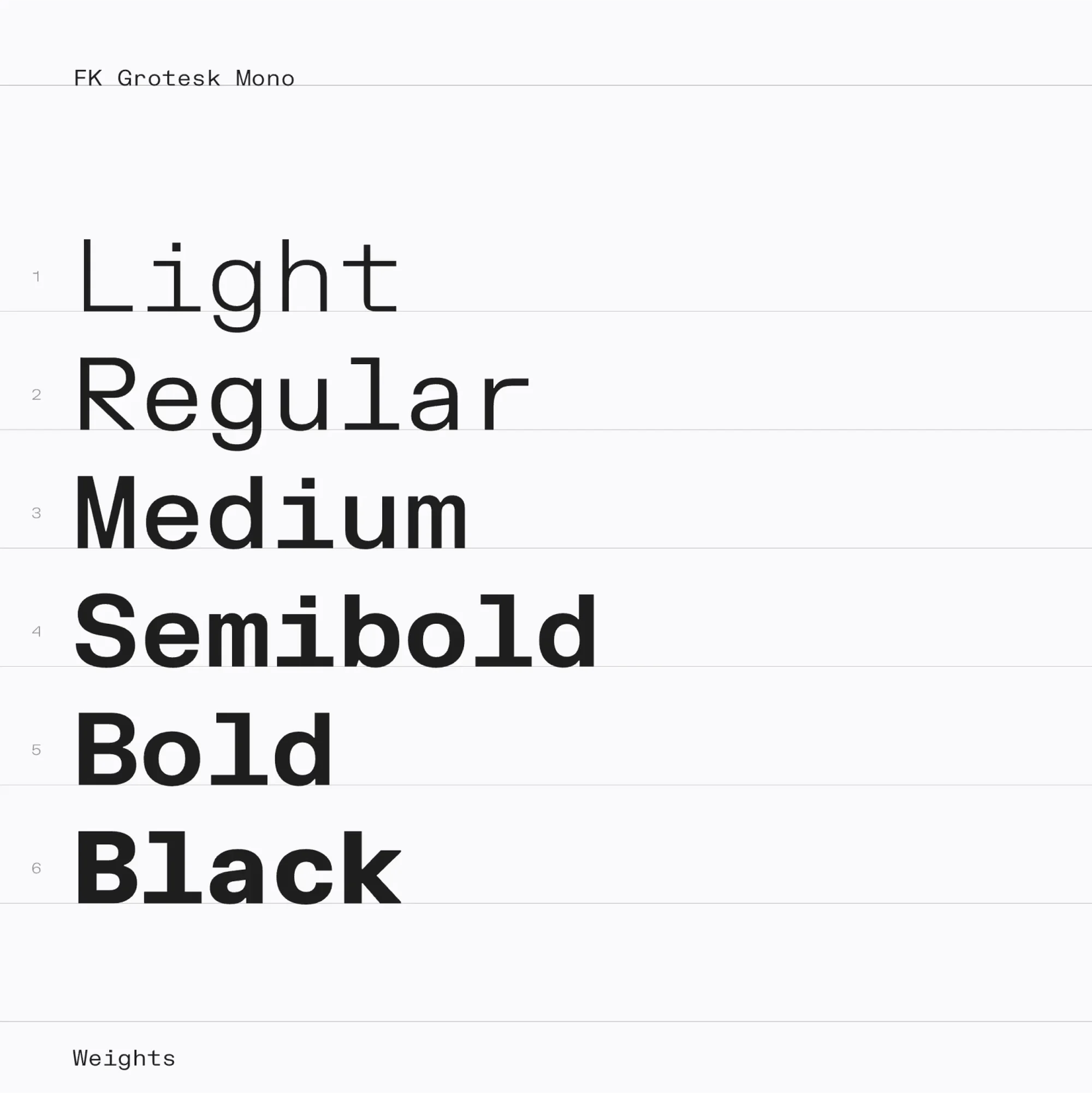 FK Grotesk Mono font specimen showcasing various font weights from light to black against a clean white background.