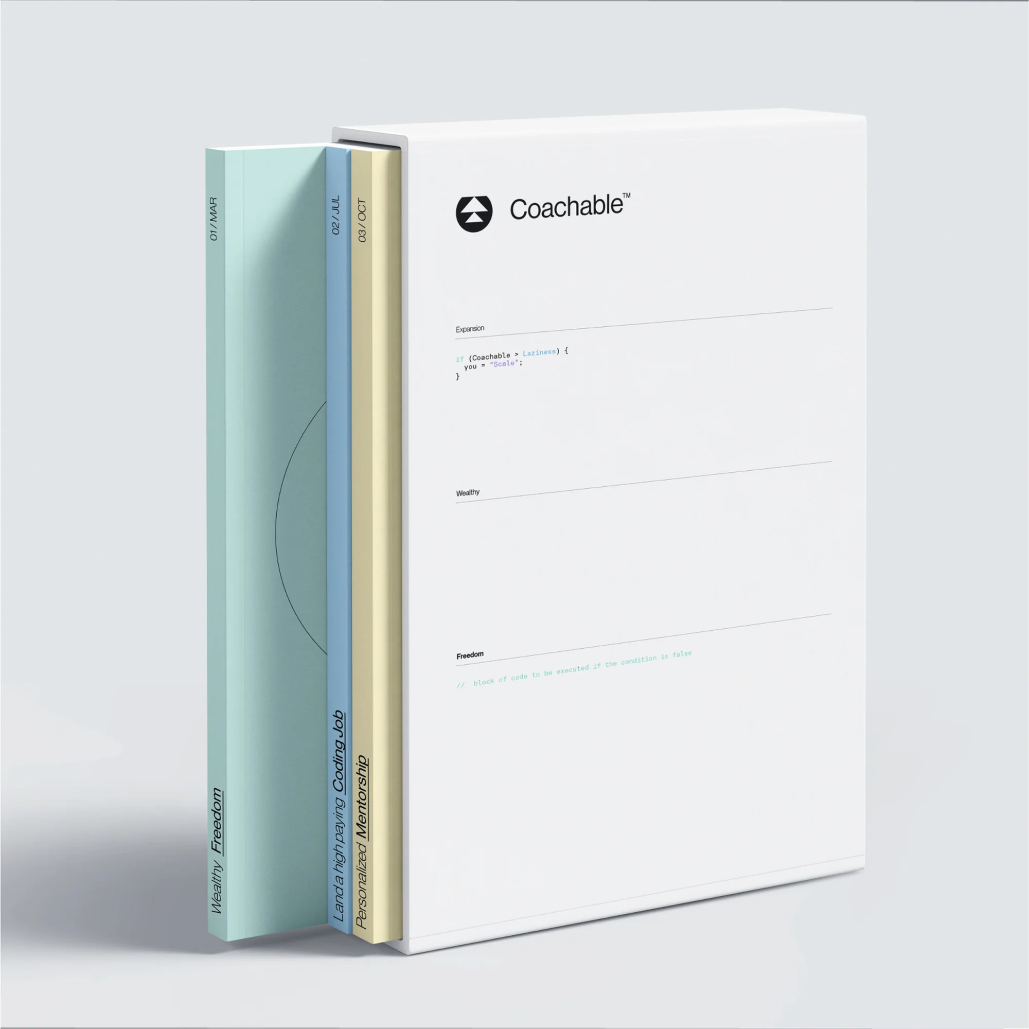 Coachable educational books in various colors, spines facing the camera, with the words 'Wealthy Freedom' and 'Personalized Mentorship'.