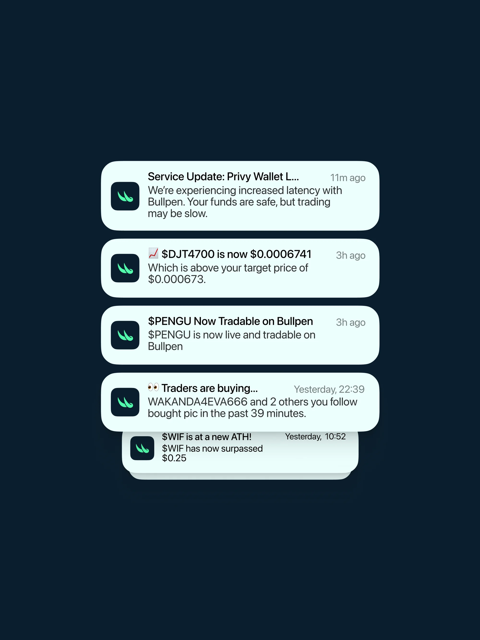 Close-up of phone notification bubbles displaying crypto updates, messages, and financial figures against a dark background.